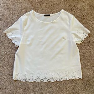 Laser Cut Detailed Scalloped White Top, Large